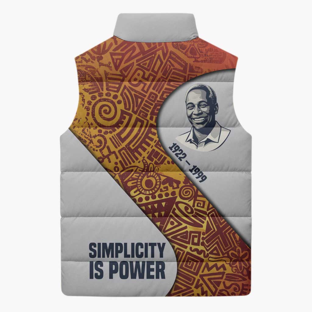 Julius Nyerere Sleeveless Puffer Jacket with Smiling Portrait, Tribal Pattern and Simplicity is Power Quote - African Pride