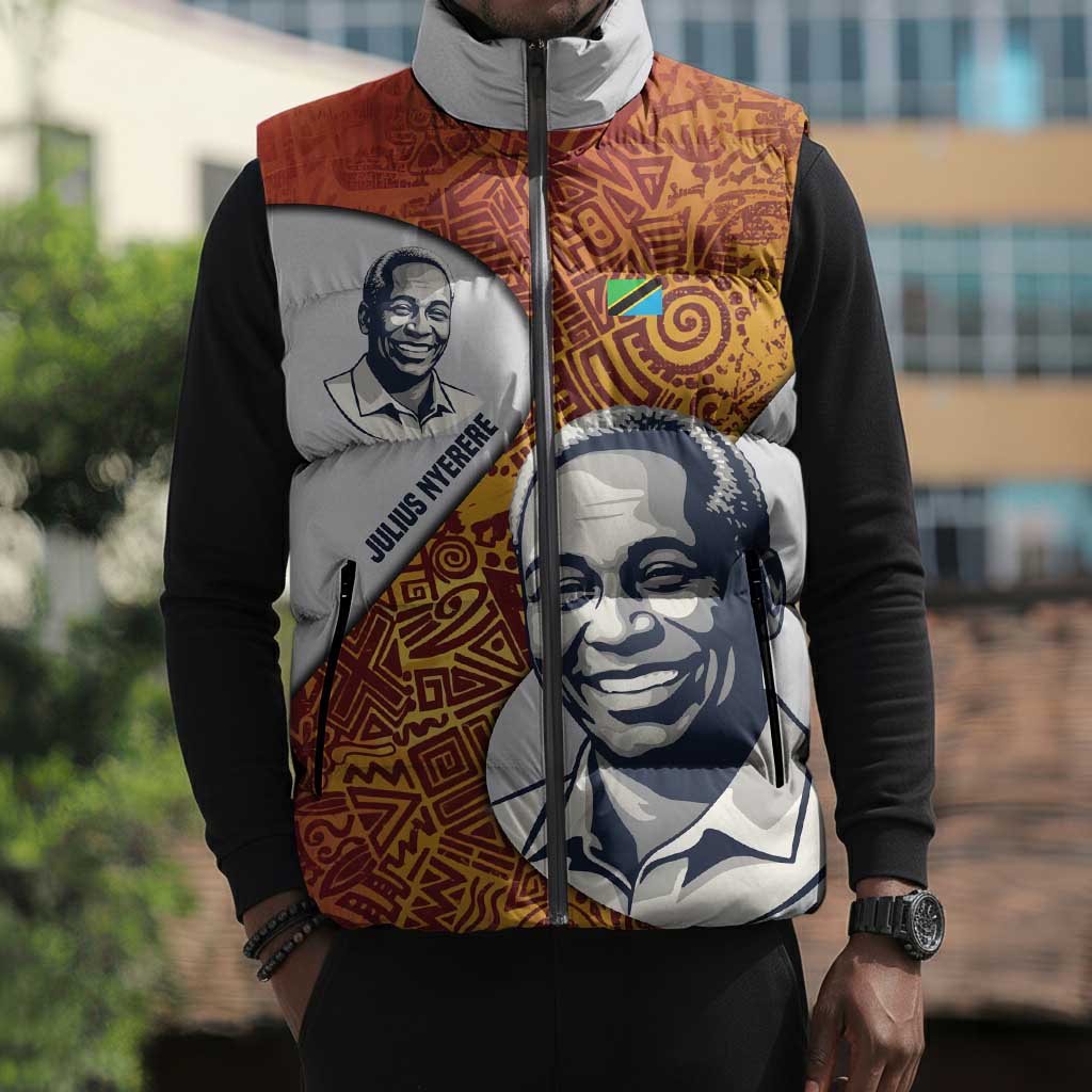 Julius Nyerere Sleeveless Puffer Jacket with Smiling Portrait, Tribal Pattern and Simplicity is Power Quote - African Pride