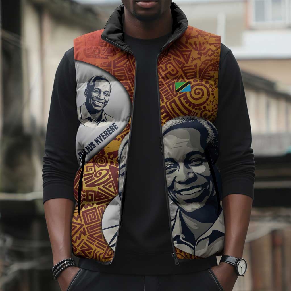 Julius Nyerere Sleeveless Puffer Jacket with Smiling Portrait, Tribal Pattern and Simplicity is Power Quote - African Pride