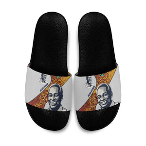 Julius Nyerere Slide Sandals with Smiling Portrait, Tribal Pattern and Simplicity is Power Quote - African Pride