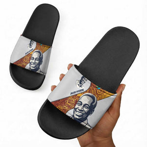 Julius Nyerere Slide Sandals with Smiling Portrait, Tribal Pattern and Simplicity is Power Quote - African Pride