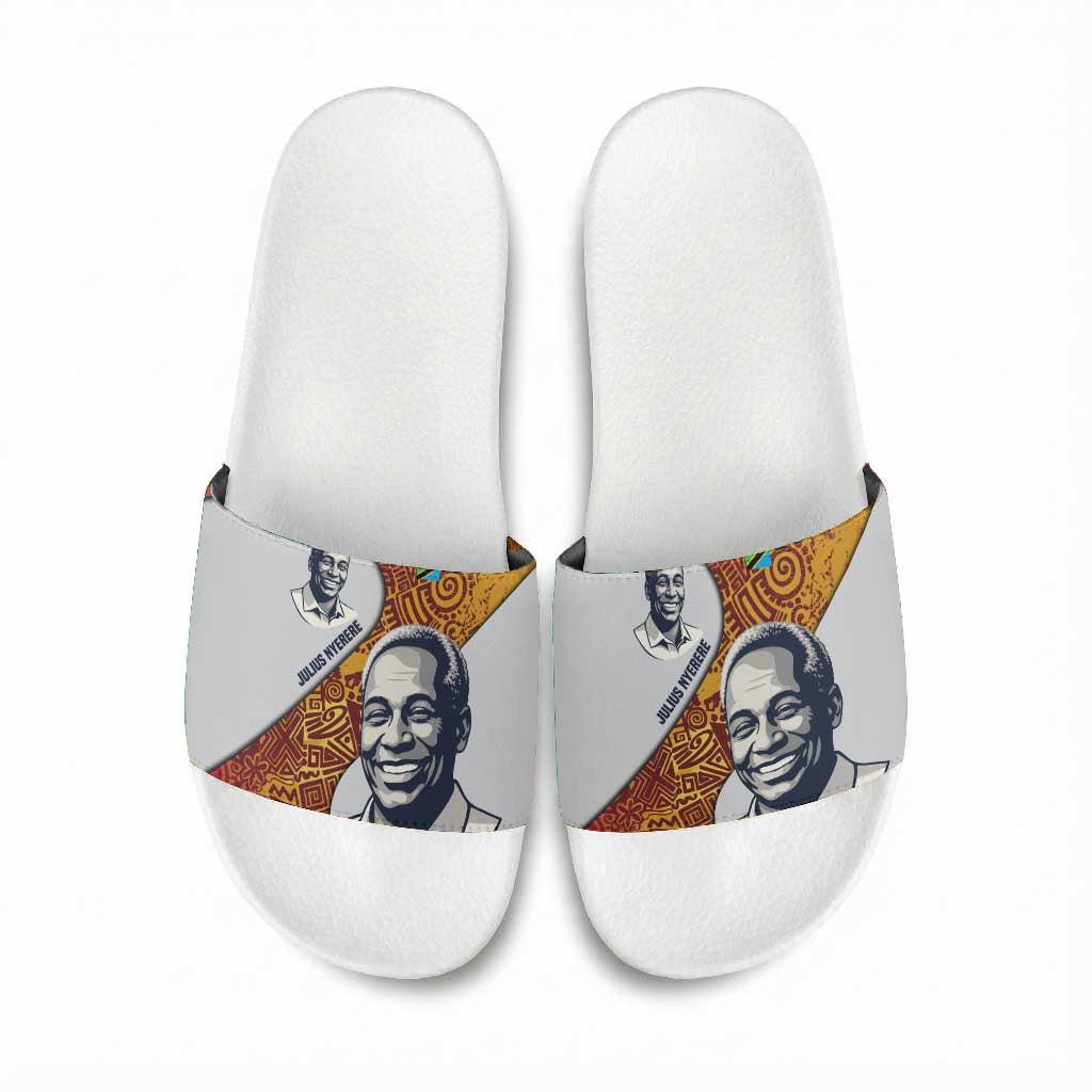 Julius Nyerere Slide Sandals with Smiling Portrait, Tribal Pattern and Simplicity is Power Quote - African Pride