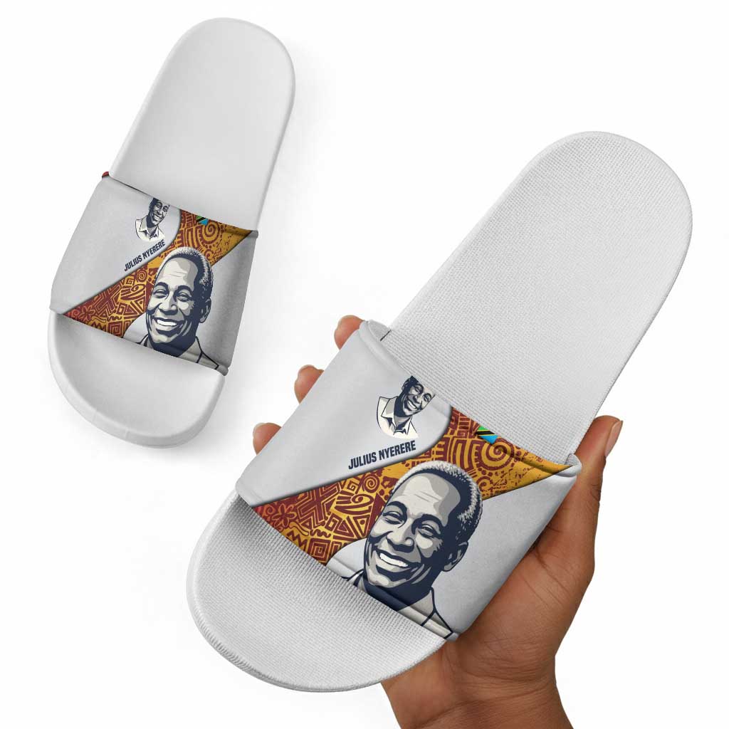Julius Nyerere Slide Sandals with Smiling Portrait, Tribal Pattern and Simplicity is Power Quote - African Pride
