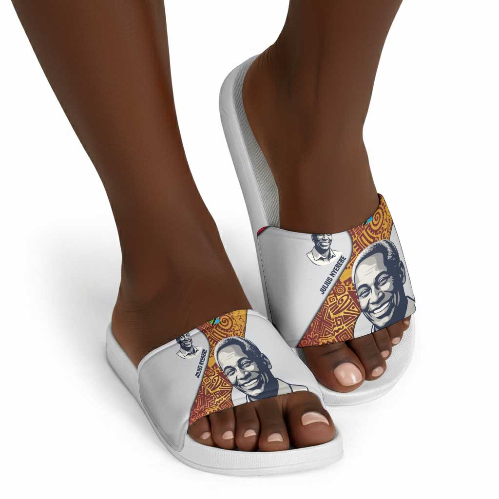 Julius Nyerere Slide Sandals with Smiling Portrait, Tribal Pattern and Simplicity is Power Quote - African Pride