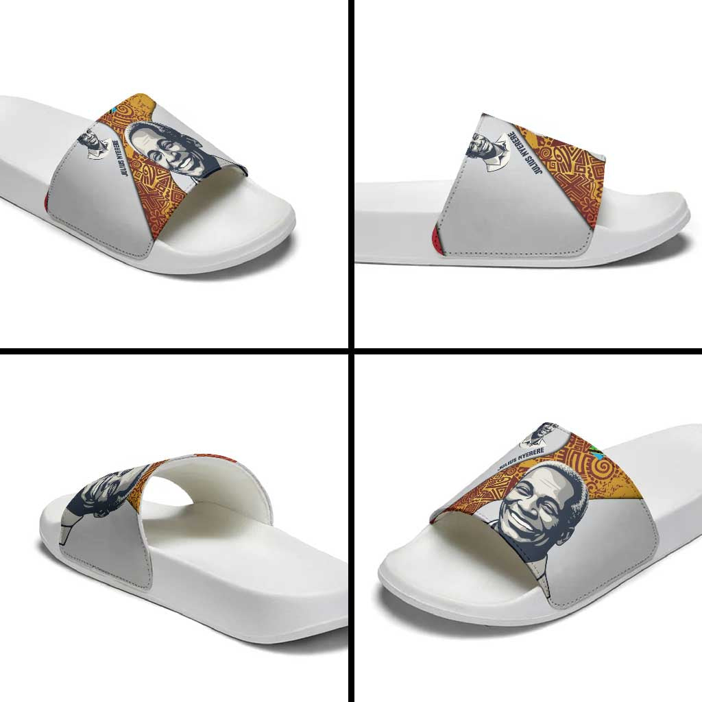 Julius Nyerere Slide Sandals with Smiling Portrait, Tribal Pattern and Simplicity is Power Quote - African Pride