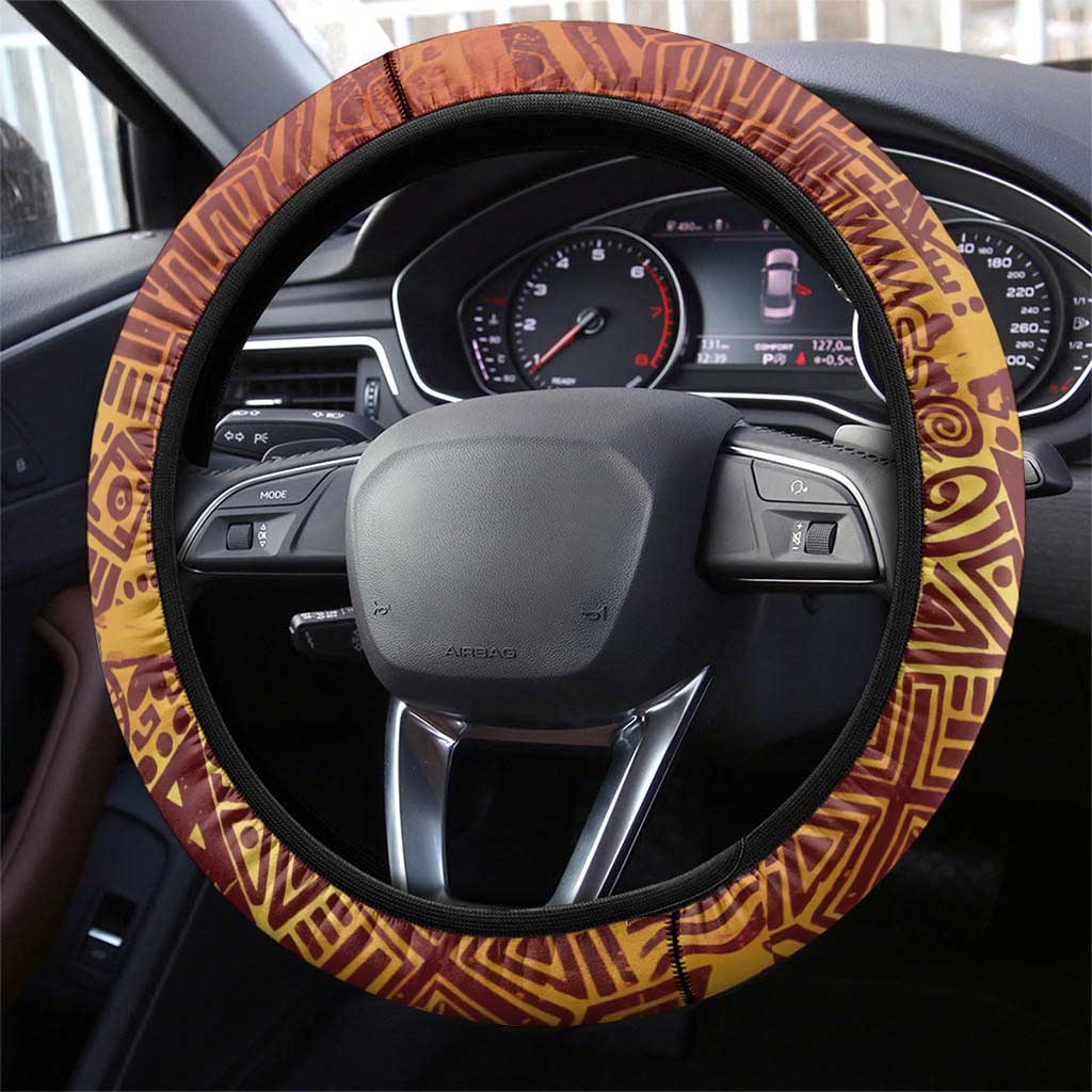 Julius Nyerere Steering Wheel Cover with Smiling Portrait, Tribal Pattern and Simplicity is Power Quote - African Pride