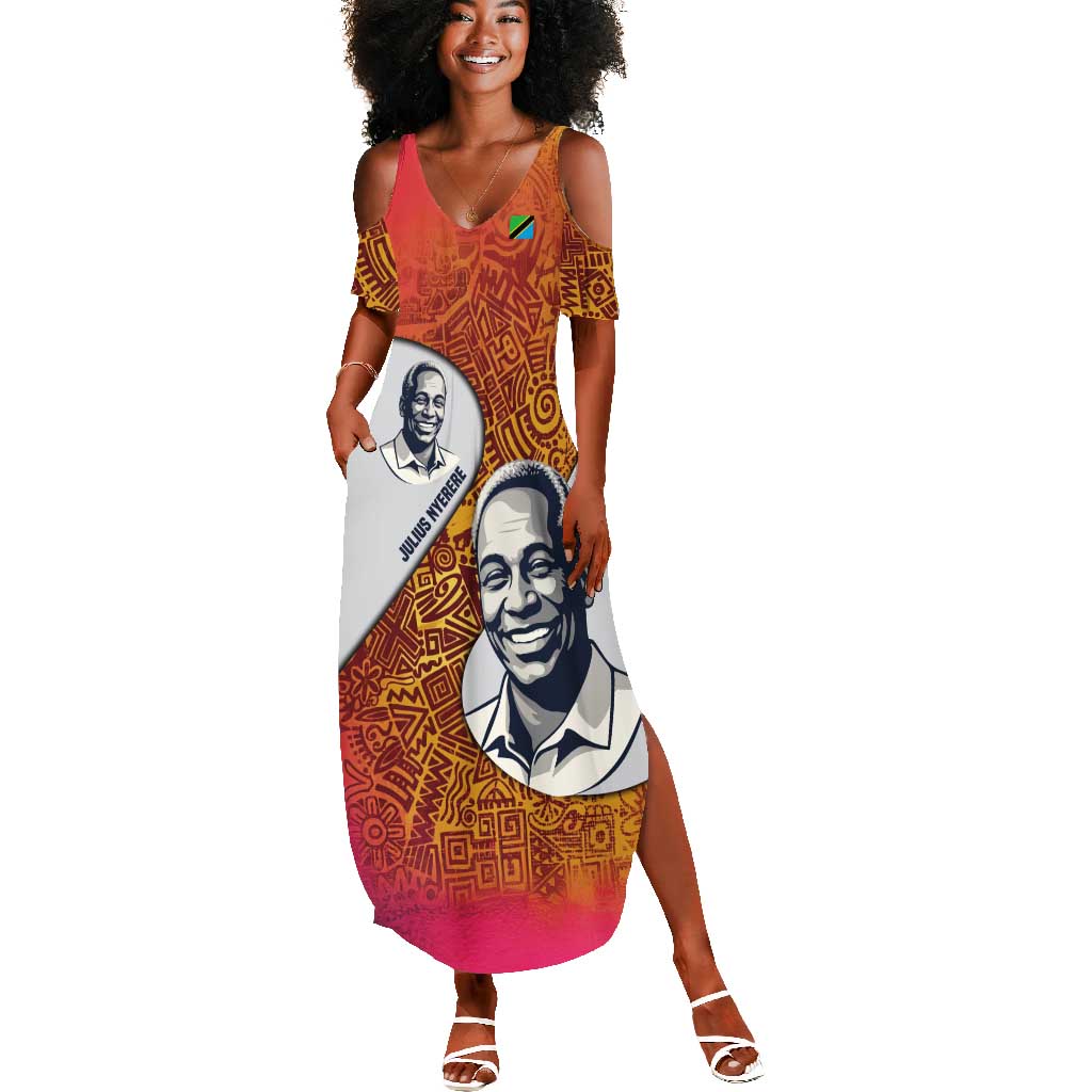 Julius Nyerere Summer Maxi Dress with Smiling Portrait, Tribal Pattern and Simplicity is Power Quote - African Pride