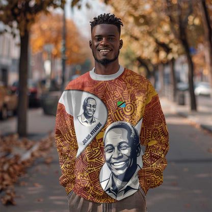 Julius Nyerere Sweatshirt with Smiling Portrait, Tribal Pattern and Simplicity is Power Quote - African Pride