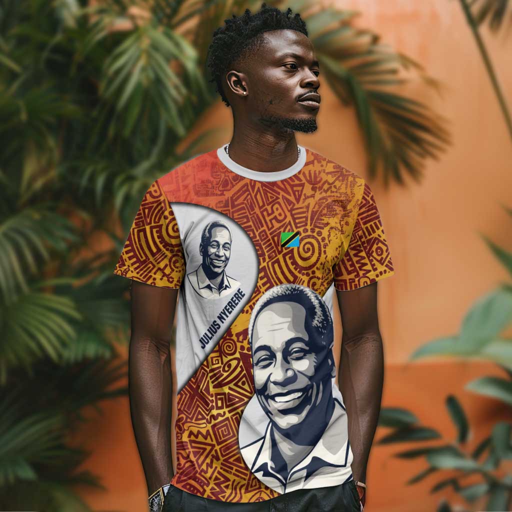 Julius Nyerere T shirt with Smiling Portrait, Tribal Pattern and Simplicity is Power Quote - African Pride