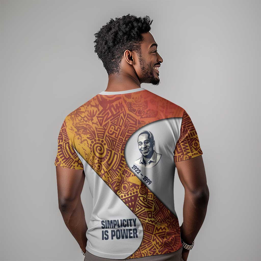 Julius Nyerere T shirt with Smiling Portrait, Tribal Pattern and Simplicity is Power Quote - African Pride