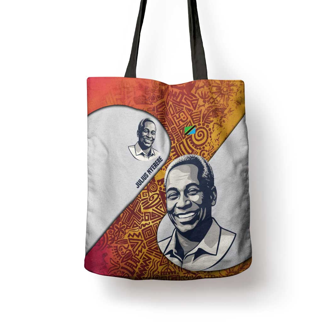 Julius Nyerere Tote Bag with Smiling Portrait, Tribal Pattern and Simplicity is Power Quote - African Pride
