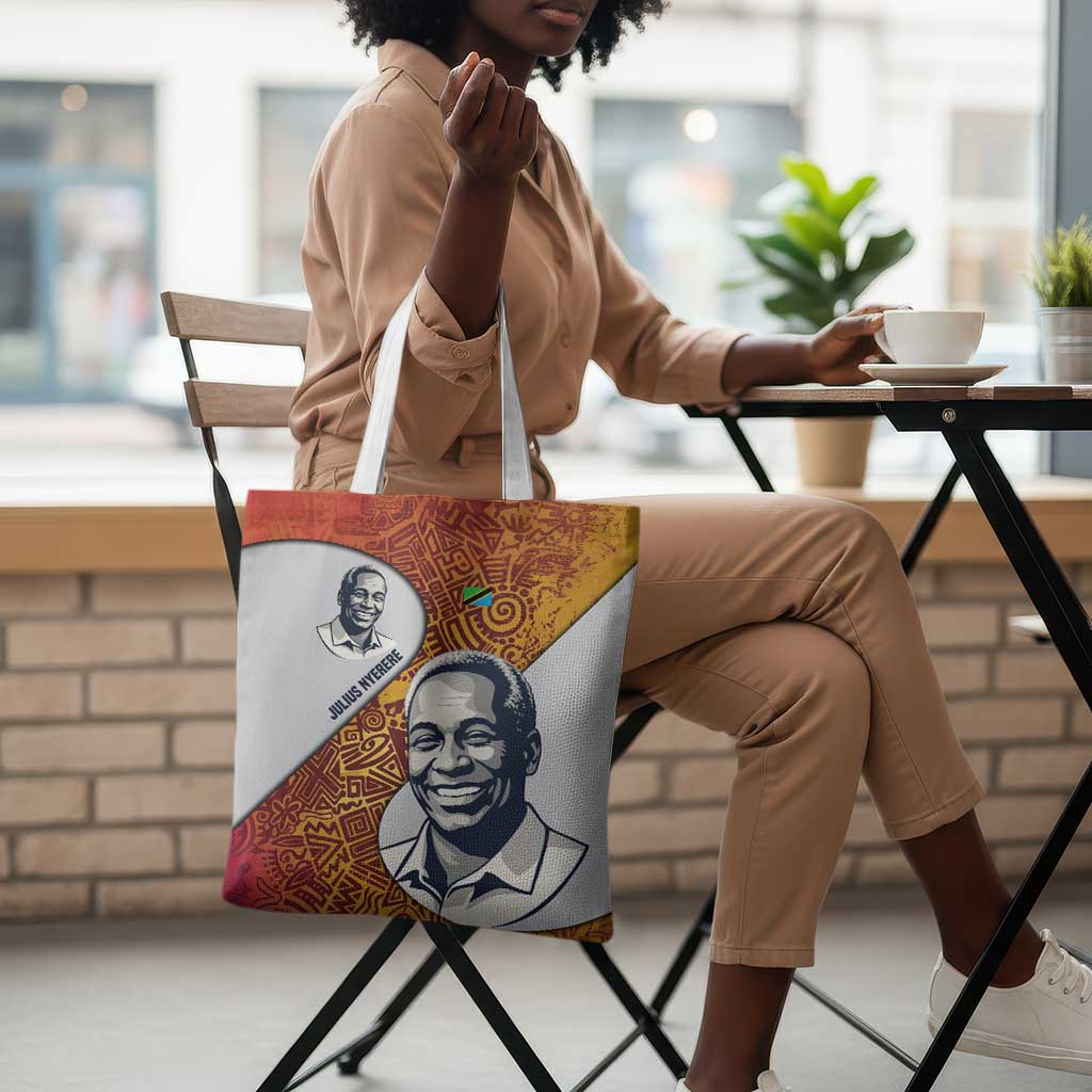 Julius Nyerere Tote Bag with Smiling Portrait, Tribal Pattern and Simplicity is Power Quote - African Pride