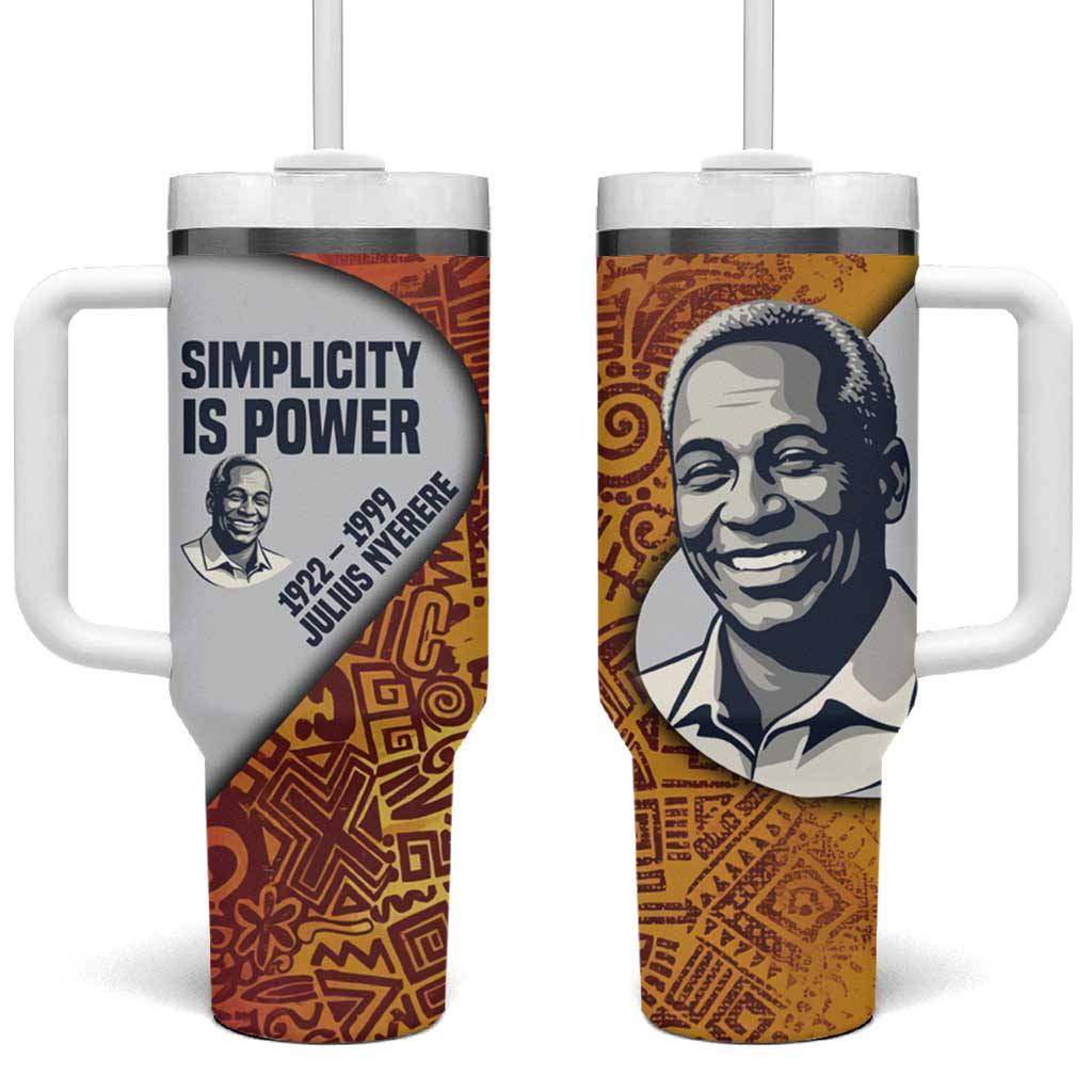 Julius Nyerere Tumbler With Handle with Smiling Portrait, Tribal Pattern and Simplicity is Power Quote - African Pride