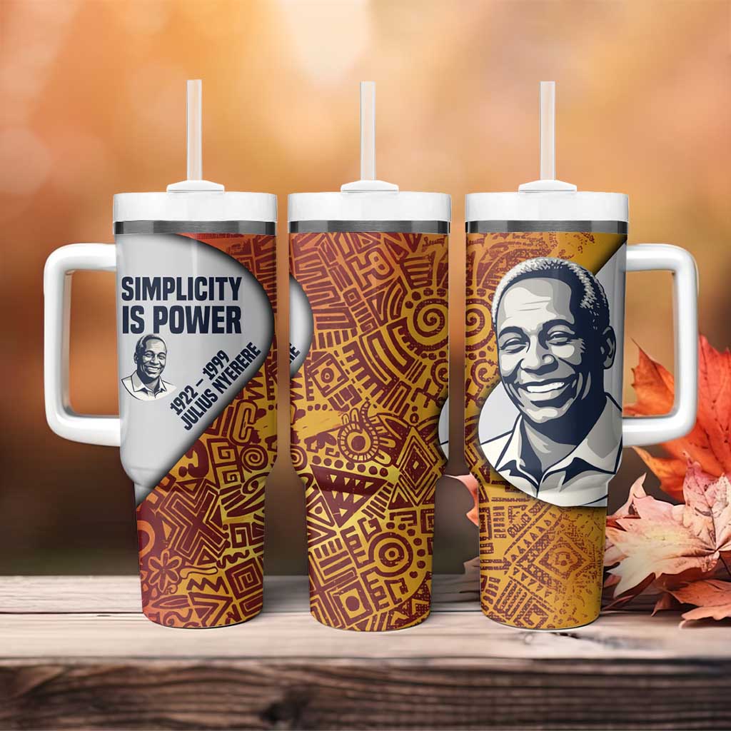 Julius Nyerere Tumbler With Handle with Smiling Portrait, Tribal Pattern and Simplicity is Power Quote - African Pride
