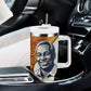 Julius Nyerere Tumbler With Handle with Smiling Portrait, Tribal Pattern and Simplicity is Power Quote - African Pride