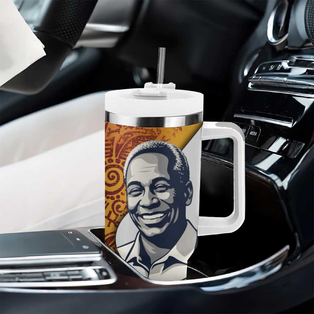 Julius Nyerere Tumbler With Handle with Smiling Portrait, Tribal Pattern and Simplicity is Power Quote - African Pride