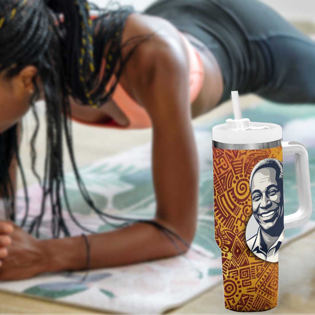 Julius Nyerere Tumbler With Handle with Smiling Portrait, Tribal Pattern and Simplicity is Power Quote - African Pride
