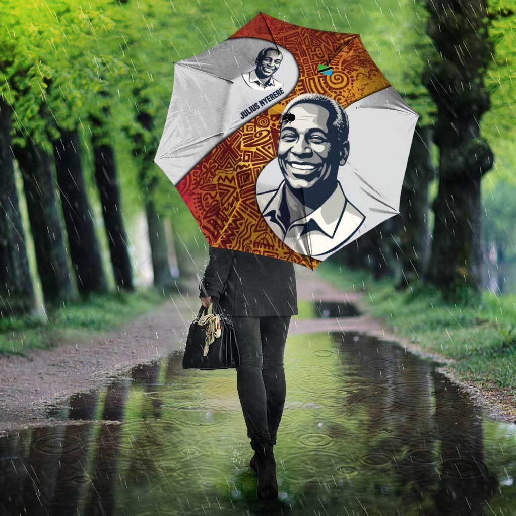 Julius Nyerere Umbrella with Smiling Portrait, Tribal Pattern and Simplicity is Power Quote - African Pride