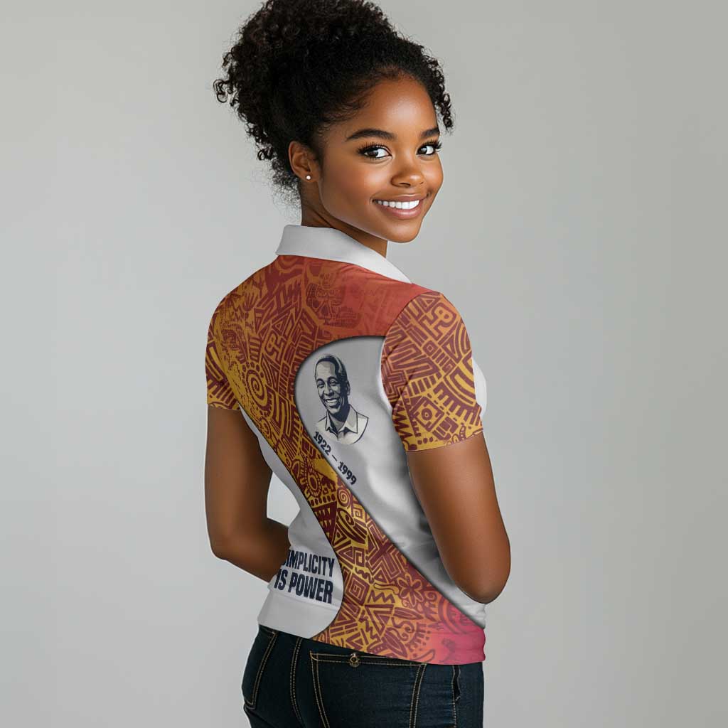 Julius Nyerere Women Polo Shirt with Smiling Portrait, Tribal Pattern and Simplicity is Power Quote - African Pride