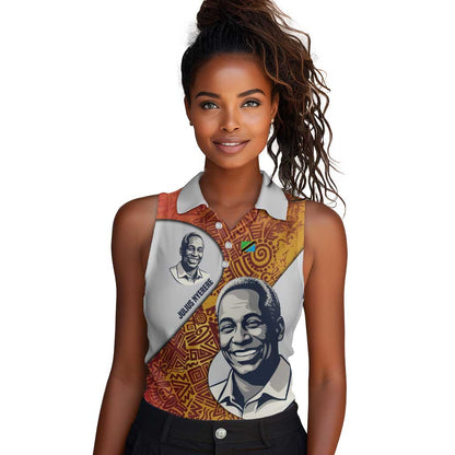 Julius Nyerere Women Sleeveless Polo Shirt with Smiling Portrait, Tribal Pattern and Simplicity is Power Quote - African Pride