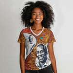 Julius Nyerere Women V-Neck T-Shirt with Smiling Portrait, Tribal Pattern and Simplicity is Power Quote - African Pride