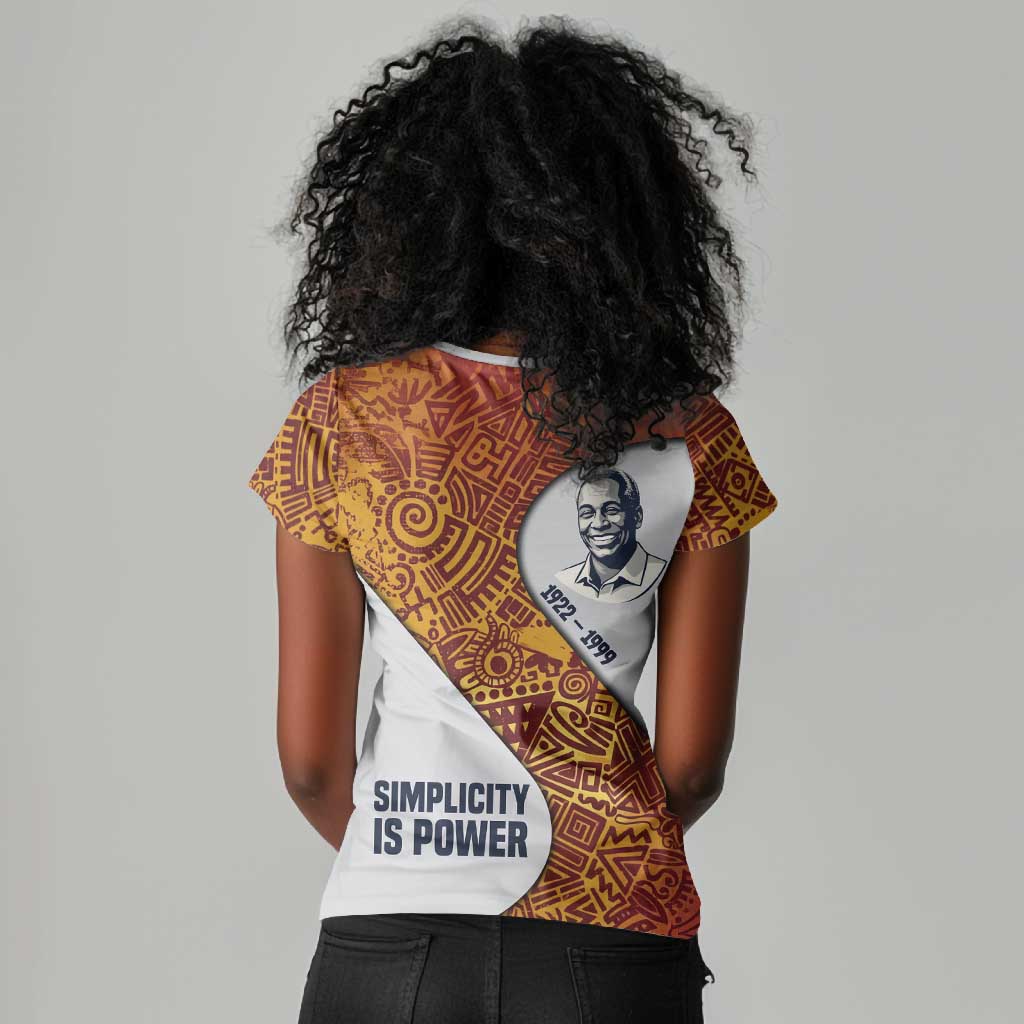 Julius Nyerere Women V-Neck T-Shirt with Smiling Portrait, Tribal Pattern and Simplicity is Power Quote - African Pride