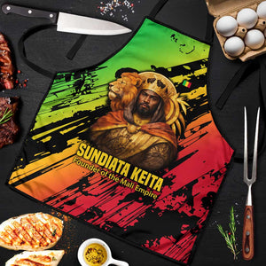 Sundiata Keita Apron with Regal Portrait, Lion of Mali Title and Bold Tribal Brushstroke Pattern - African Pride