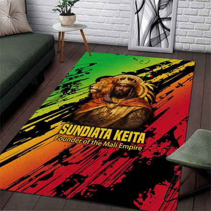 Sundiata Keita Area Rug with Regal Portrait, Lion of Mali Title and Bold Tribal Brushstroke Pattern - African Pride