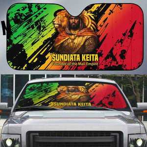 Sundiata Keita Auto Sun Shade with Regal Portrait, Lion of Mali Title and Bold Tribal Brushstroke Pattern - African Pride