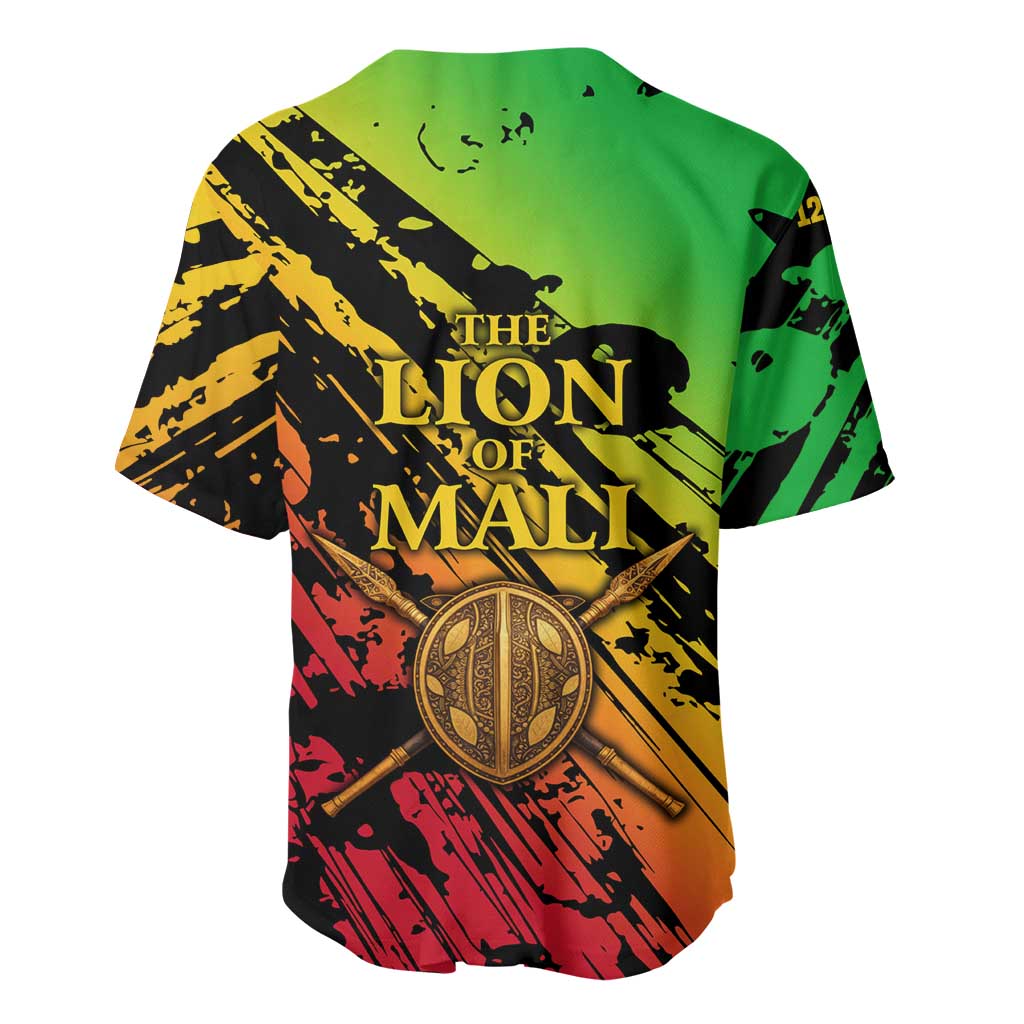 Sundiata Keita Baseball Jersey with Regal Portrait, Lion of Mali Title and Bold Tribal Brushstroke Pattern - African Pride