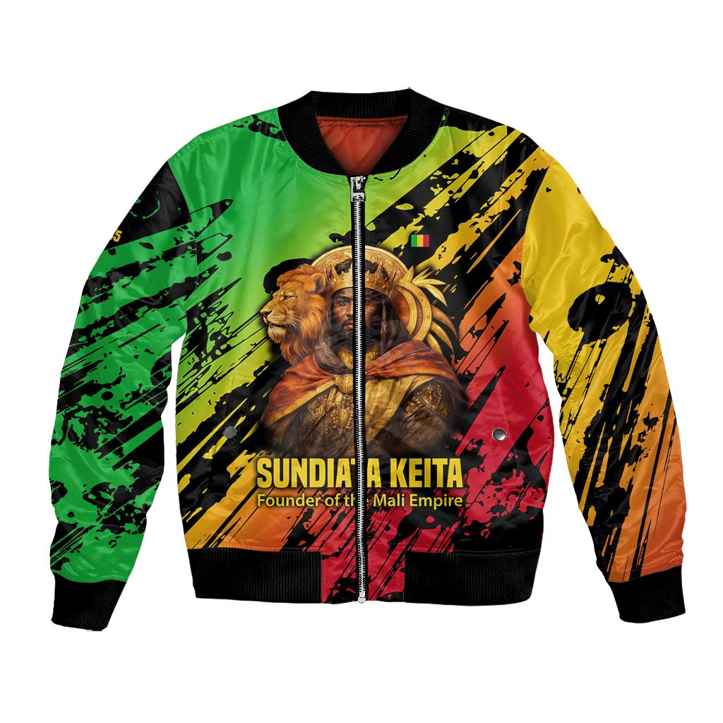 Sundiata Keita Bomber Jacket with Regal Portrait, Lion of Mali Title and Bold Tribal Brushstroke Pattern - African Pride