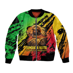 Sundiata Keita Bomber Jacket with Regal Portrait, Lion of Mali Title and Bold Tribal Brushstroke Pattern - African Pride