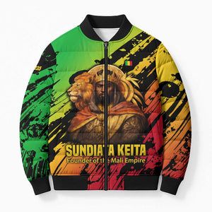 Sundiata Keita Bomber Puffer Jacket with Regal Portrait, Lion of Mali Title and Bold Tribal Brushstroke Pattern - African Pride