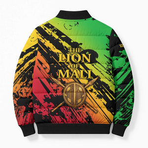 Sundiata Keita Bomber Puffer Jacket with Regal Portrait, Lion of Mali Title and Bold Tribal Brushstroke Pattern - African Pride