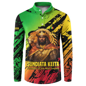 Sundiata Keita Button Sweatshirt with Regal Portrait, Lion of Mali Title and Bold Tribal Brushstroke Pattern
