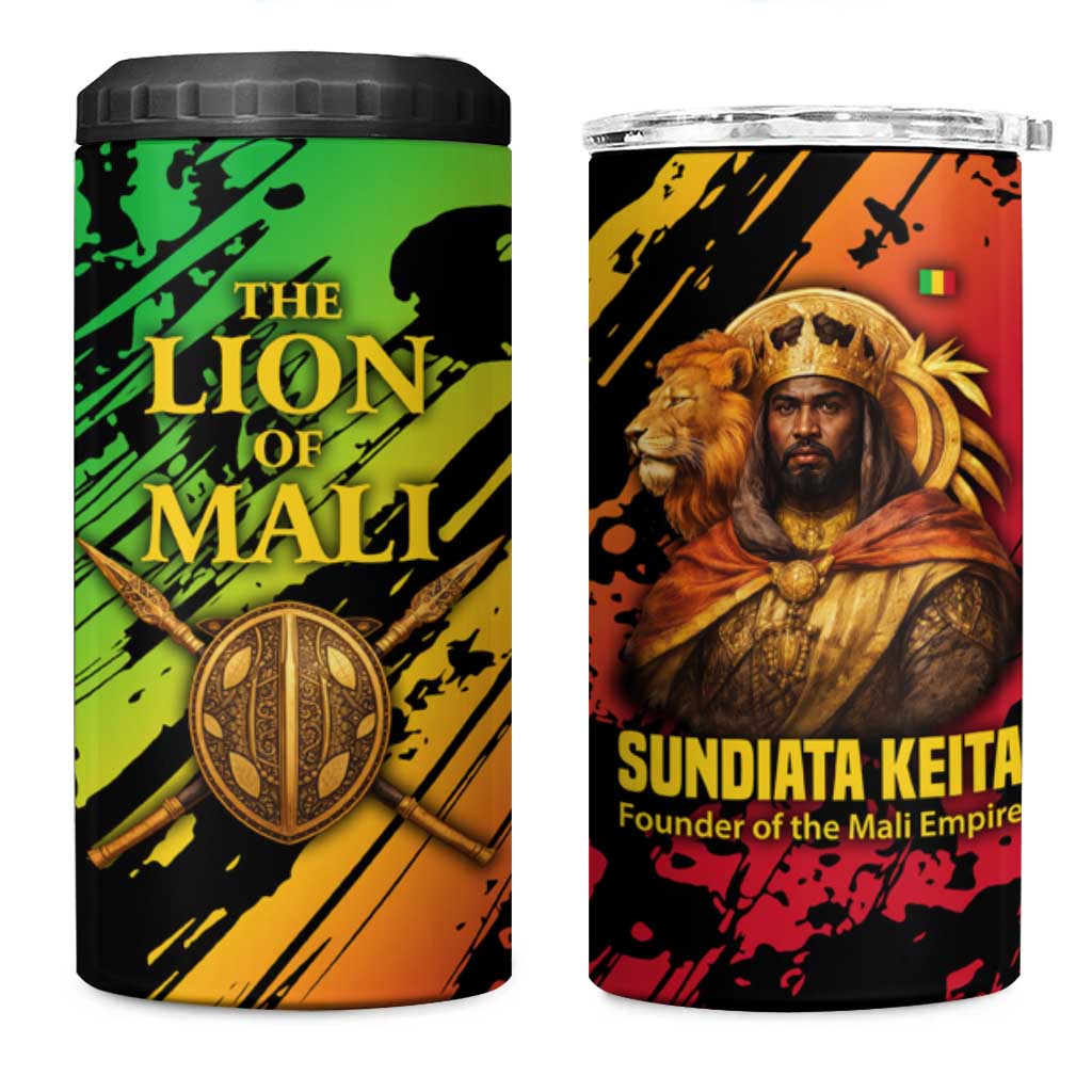 Sundiata Keita 4 in 1 Can Cooler Tumbler with Regal Portrait, Lion of Mali Title and Bold Tribal Brushstroke Pattern - African Pride