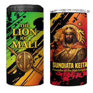 Sundiata Keita 4 in 1 Can Cooler Tumbler with Regal Portrait, Lion of Mali Title and Bold Tribal Brushstroke Pattern - African Pride