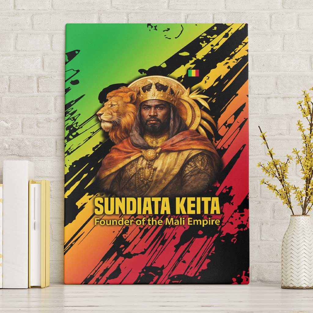 Sundiata Keita Canvas Wall Art with Regal Portrait, Lion of Mali Title and Bold Tribal Brushstroke Pattern - African Pride