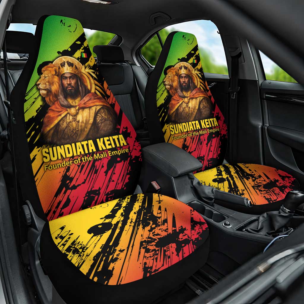 Sundiata Keita Car Seat Cover with Regal Portrait, Lion of Mali Title and Bold Tribal Brushstroke Pattern - African Pride