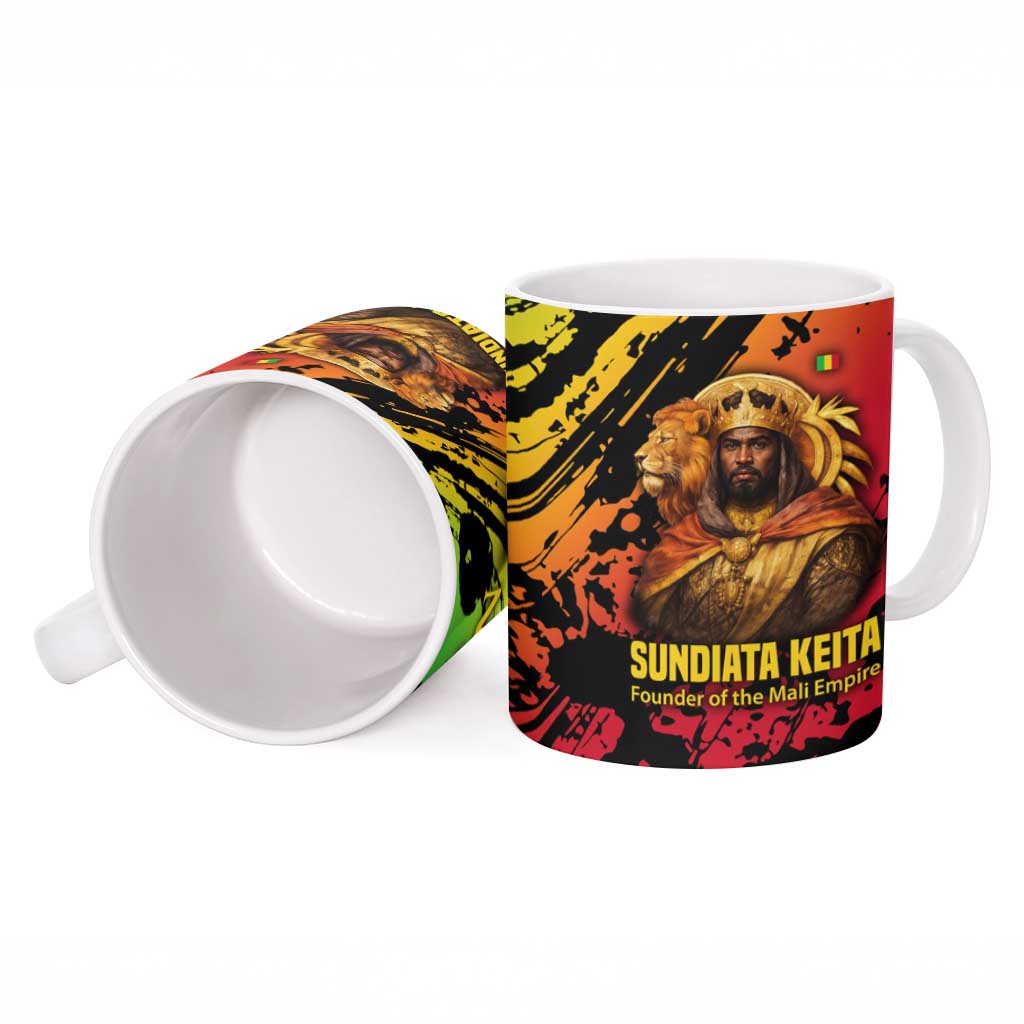 Sundiata Keita Ceramic Mug with Regal Portrait, Lion of Mali Title and Bold Tribal Brushstroke Pattern - African Pride