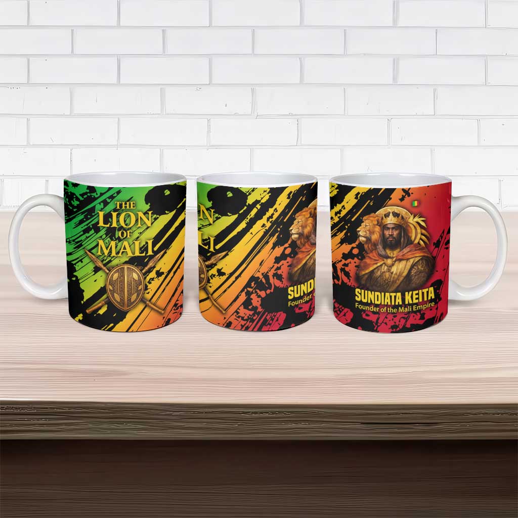 Sundiata Keita Ceramic Mug with Regal Portrait, Lion of Mali Title and Bold Tribal Brushstroke Pattern - African Pride