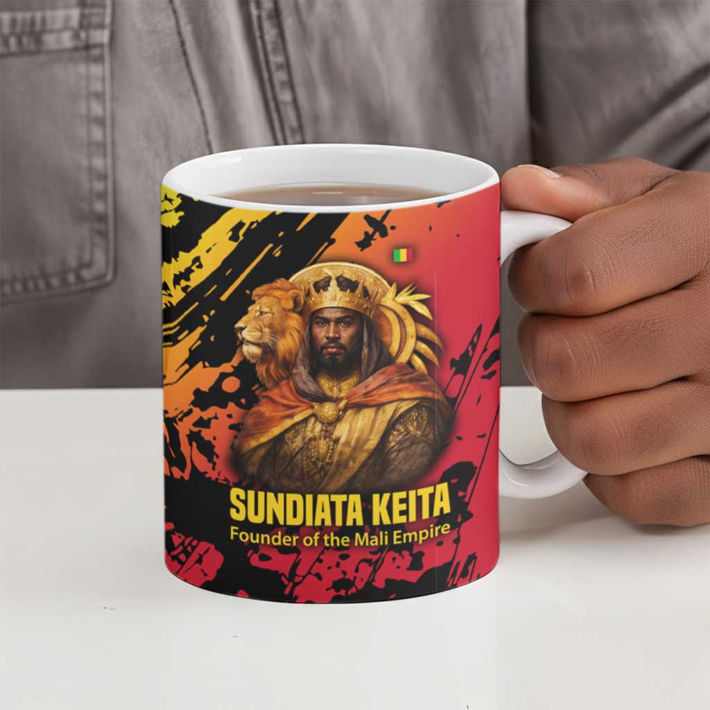 Sundiata Keita Ceramic Mug with Regal Portrait, Lion of Mali Title and Bold Tribal Brushstroke Pattern - African Pride