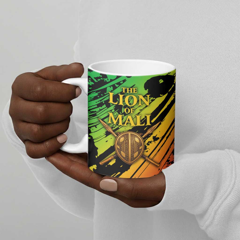 Sundiata Keita Ceramic Mug with Regal Portrait, Lion of Mali Title and Bold Tribal Brushstroke Pattern - African Pride