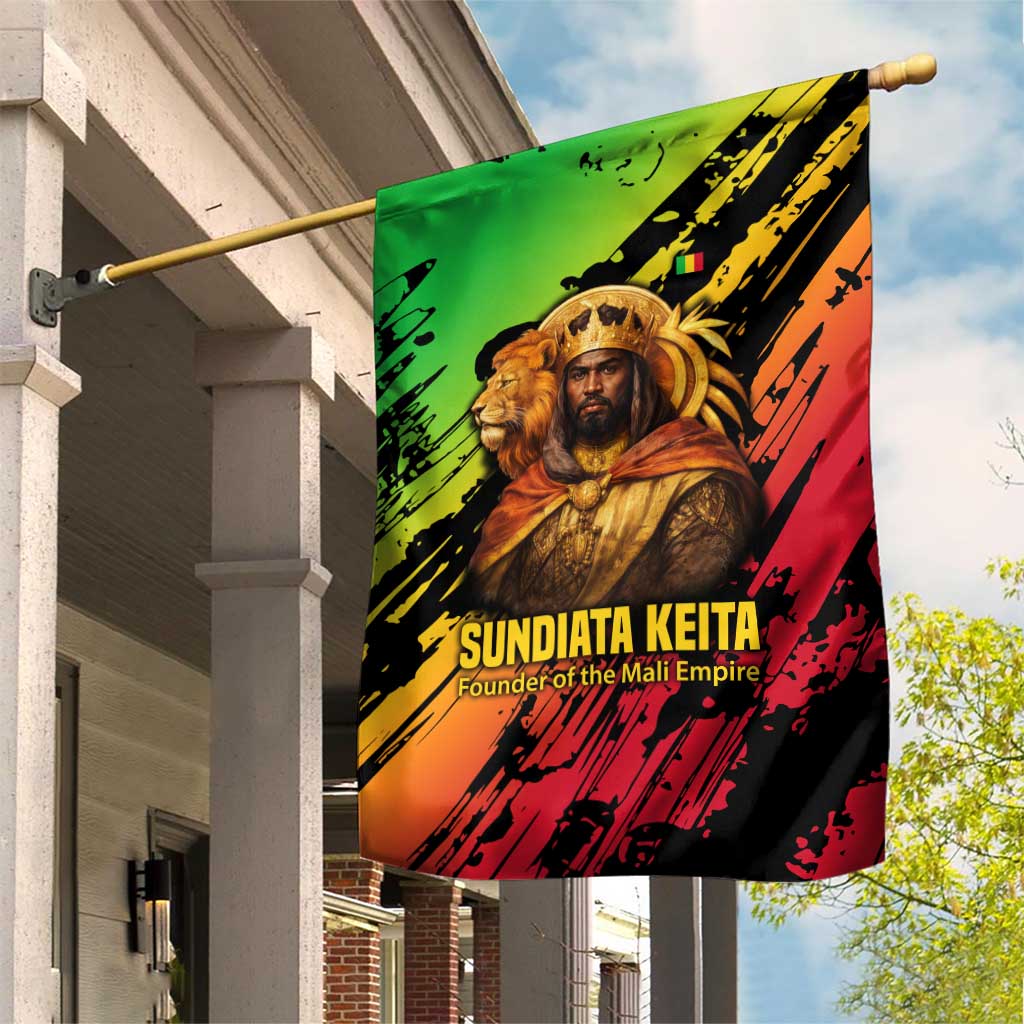 Sundiata Keita Garden Flag with Regal Portrait, Lion of Mali Title and Bold Tribal Brushstroke Pattern - African Pride