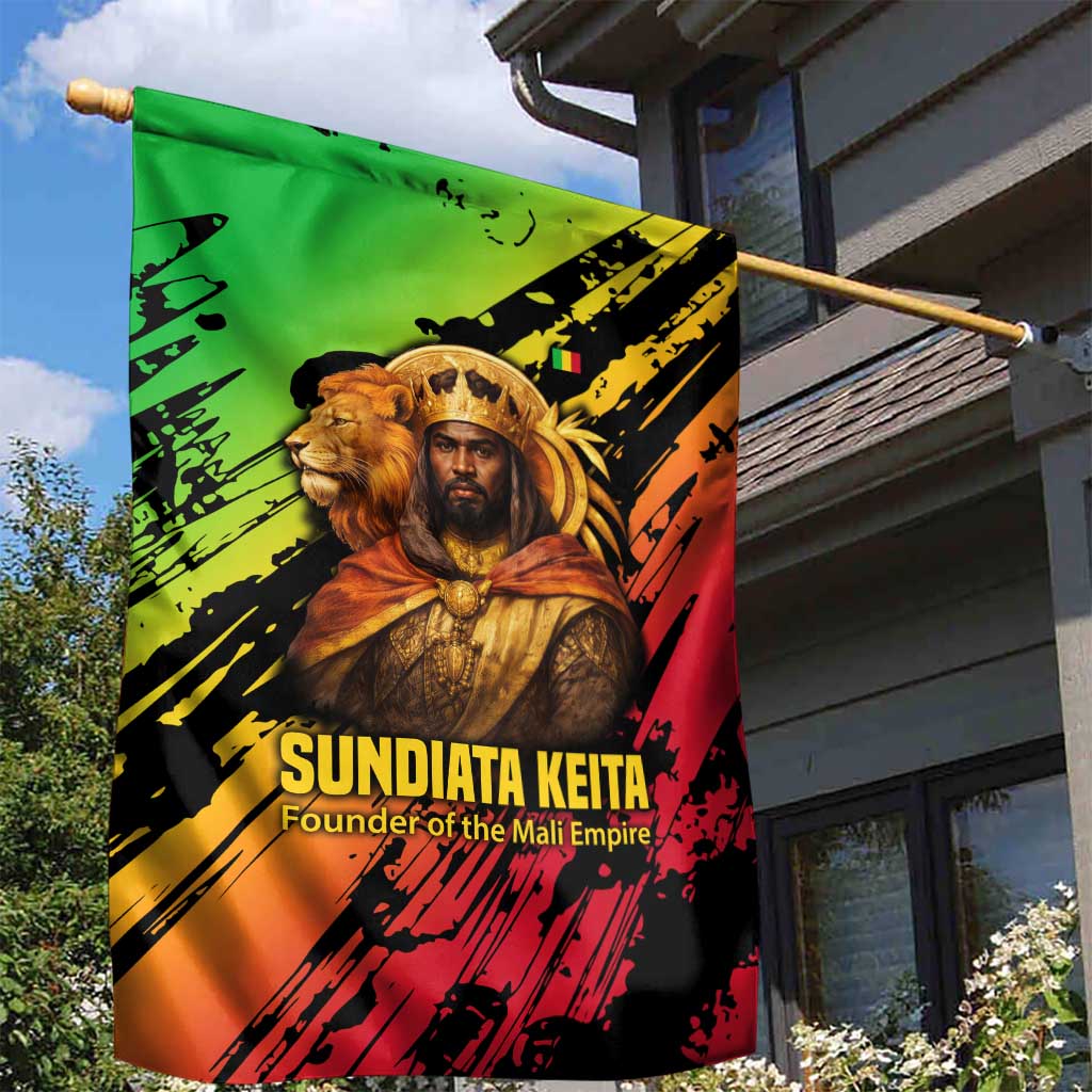 Sundiata Keita Garden Flag with Regal Portrait, Lion of Mali Title and Bold Tribal Brushstroke Pattern - African Pride