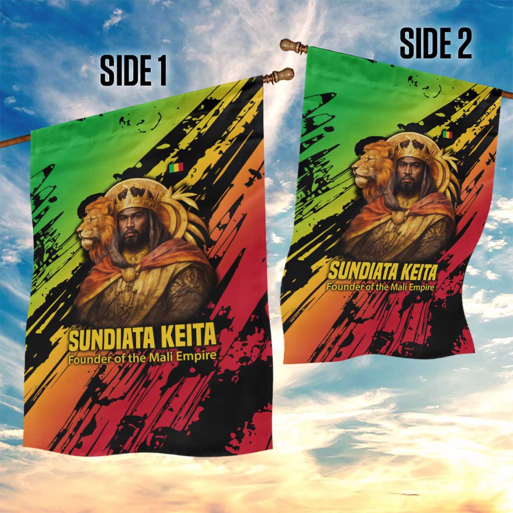 Sundiata Keita Garden Flag with Regal Portrait, Lion of Mali Title and Bold Tribal Brushstroke Pattern - African Pride