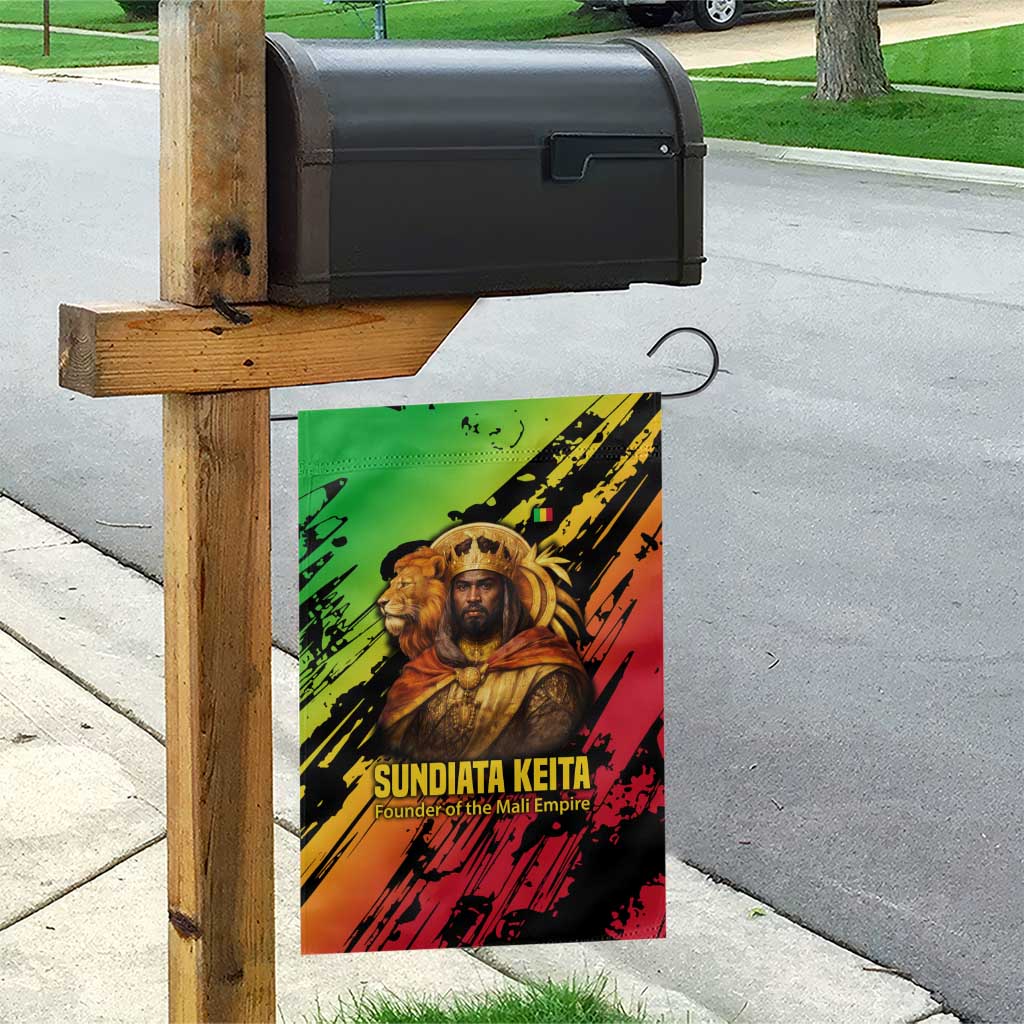 Sundiata Keita Garden Flag with Regal Portrait, Lion of Mali Title and Bold Tribal Brushstroke Pattern - African Pride
