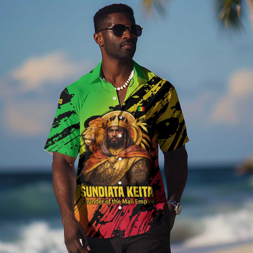 Sundiata Keita Hawaiian Shirt with Regal Portrait, Lion of Mali Title and Bold Tribal Brushstroke Pattern - African Pride