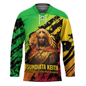 Sundiata Keita Hockey Jersey with Regal Portrait, Lion of Mali Title and Bold Tribal Brushstroke Pattern - African Pride