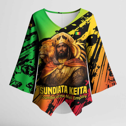 Sundiata Keita Kimono Sleeve Blouse with Regal Portrait, Lion of Mali Title and Bold Tribal Brushstroke Pattern - African Pride